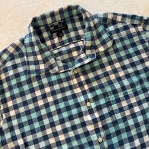 Banana‎ Republic Mens XL Blue Green Plaid Short Sleeve Button Up Shirt Linen